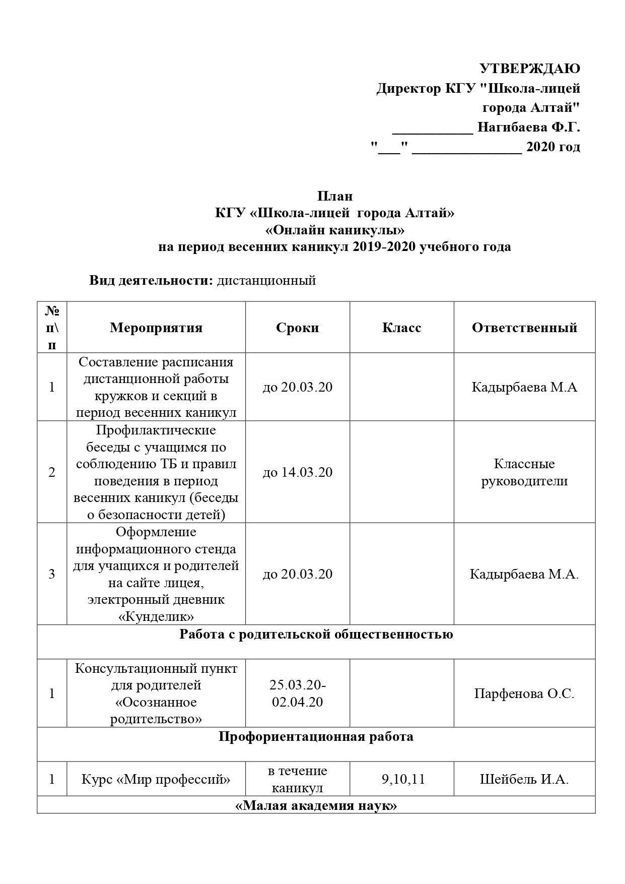 План «Онлайн канкулы» на период весенних каникул 2019-2020 учебного года »  КГУ «Школа-лицей города Алтай»