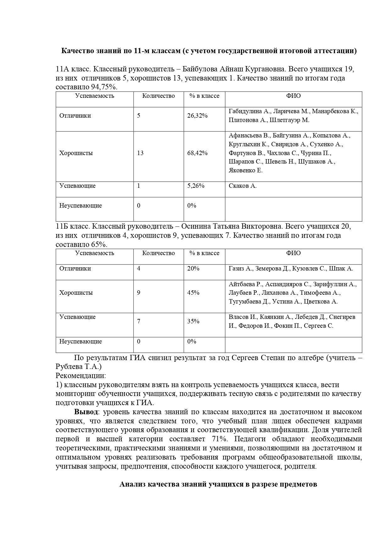 Анализ успеваемости и качества знаний учащихся 5 -11 классов 