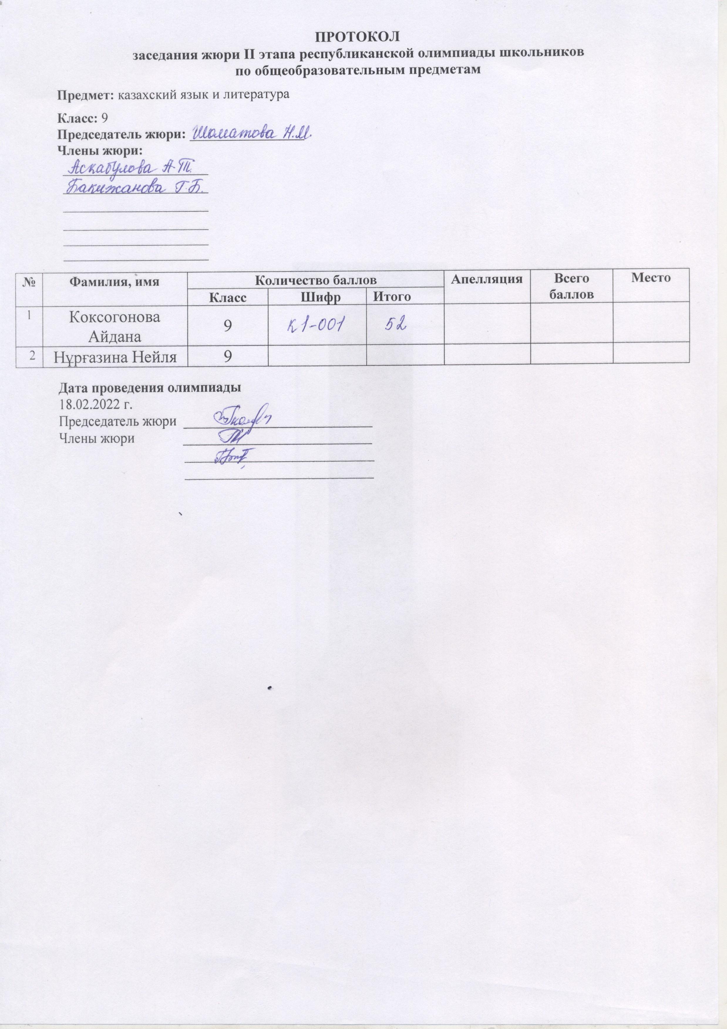 протокола заседания жюри II этапа республиканской олимпиады школьников по предмету казахский язык и литература